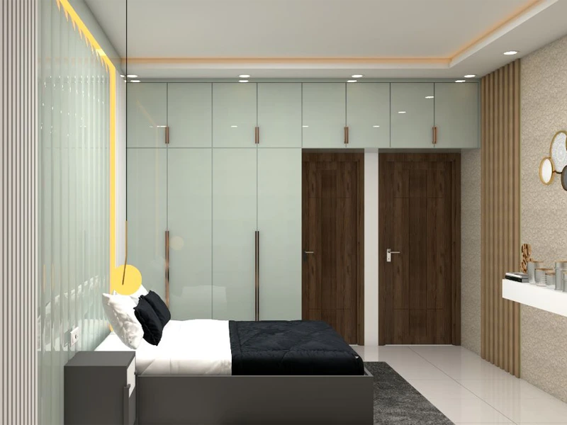 Cozy bedroom interior with wardrobe and modern aesthetics