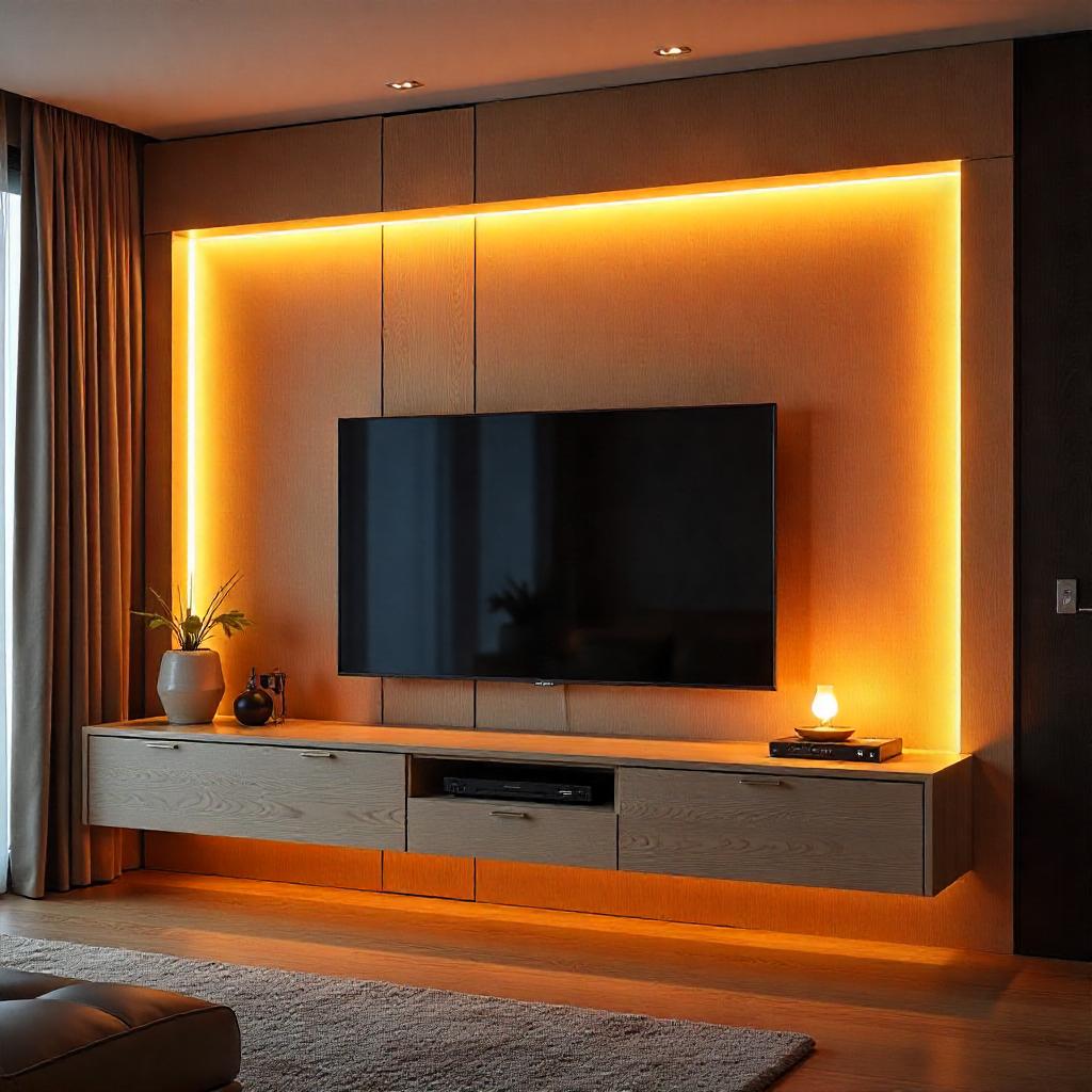 Elegant living room with modern TV unit and ambient lighting